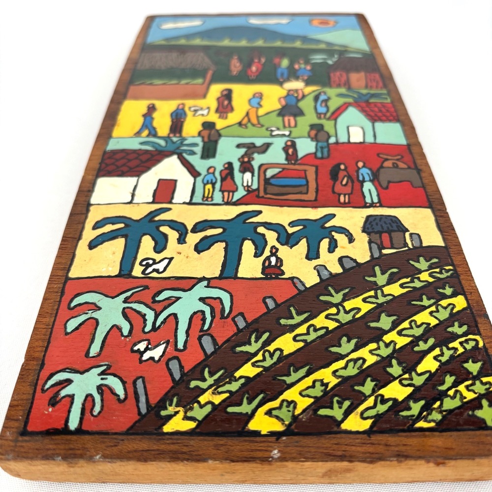 Vintage El Salvador Folk Art Hand Painted Wood Plaque La Palma Village Scene